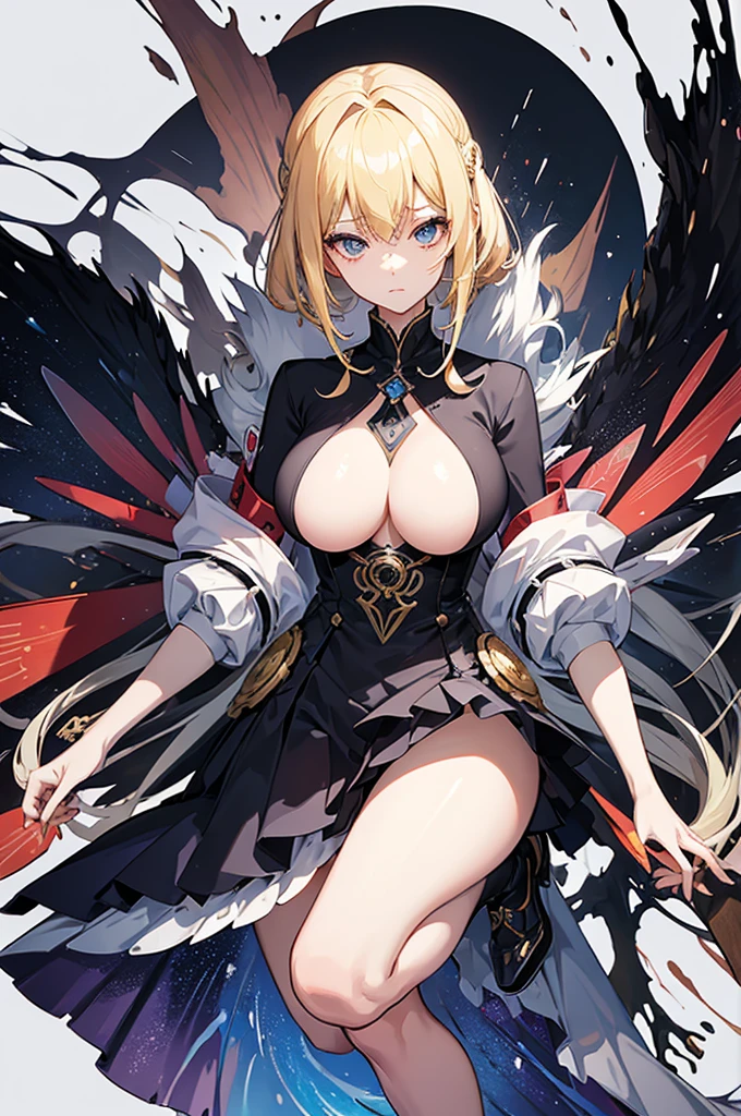 An enigmatic anime woman dons a full-body collage uniform, each layer a fusion of disparate elements that converge to form a captivating whole. From abstract shapes to intricate textures, her attire reflects the complexity of her character and the depth of her story  naked with big breasts blonde back 