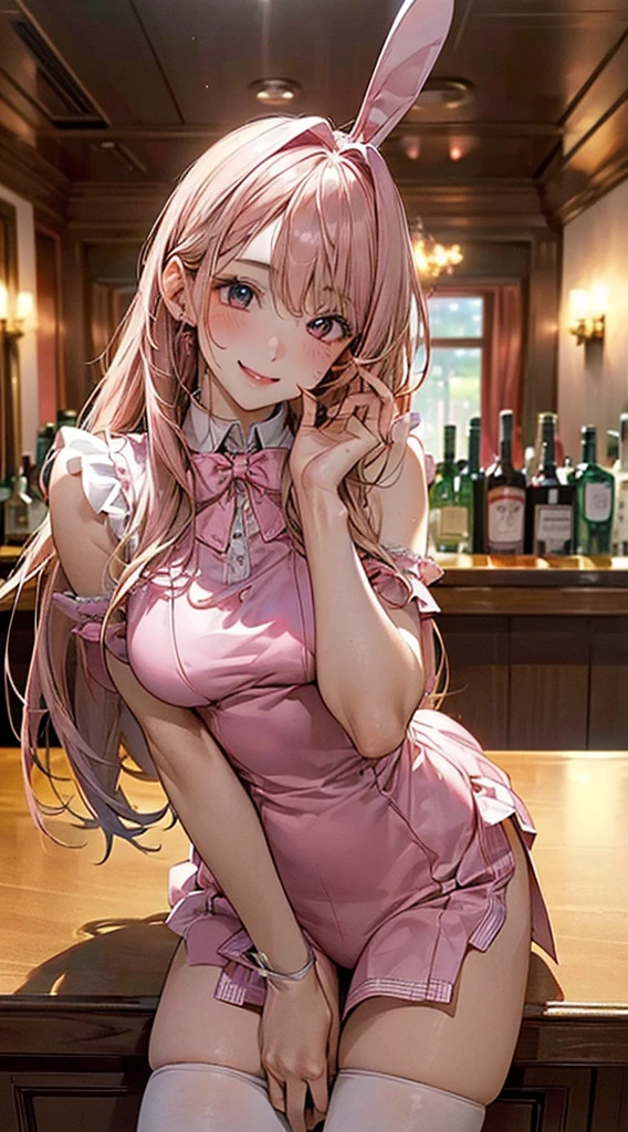 ((((, , Perfect Anatomy, Highly detailed skin)))), 1 Girl, Japanese, 14 years old, White skin, Shiny skin, large chests:0.5, Take in the view, (smile:1.5),
Beautiful attention to detail, (Mid-length hair:1.1, Half Up:1.5), , Beautiful clavicle, Baby Face, , chest, Mole under the eye, Perfect hands, Detailed fingers,
((Pink Bunny Girl)),
(Beautiful views), Daytime, , (Inside the bar room:1.5), ((Chair, drinking)),
(8K, Highest quality, Masterpiece, Super detailed, ), (Realistic), figure, Cinema Lighting,