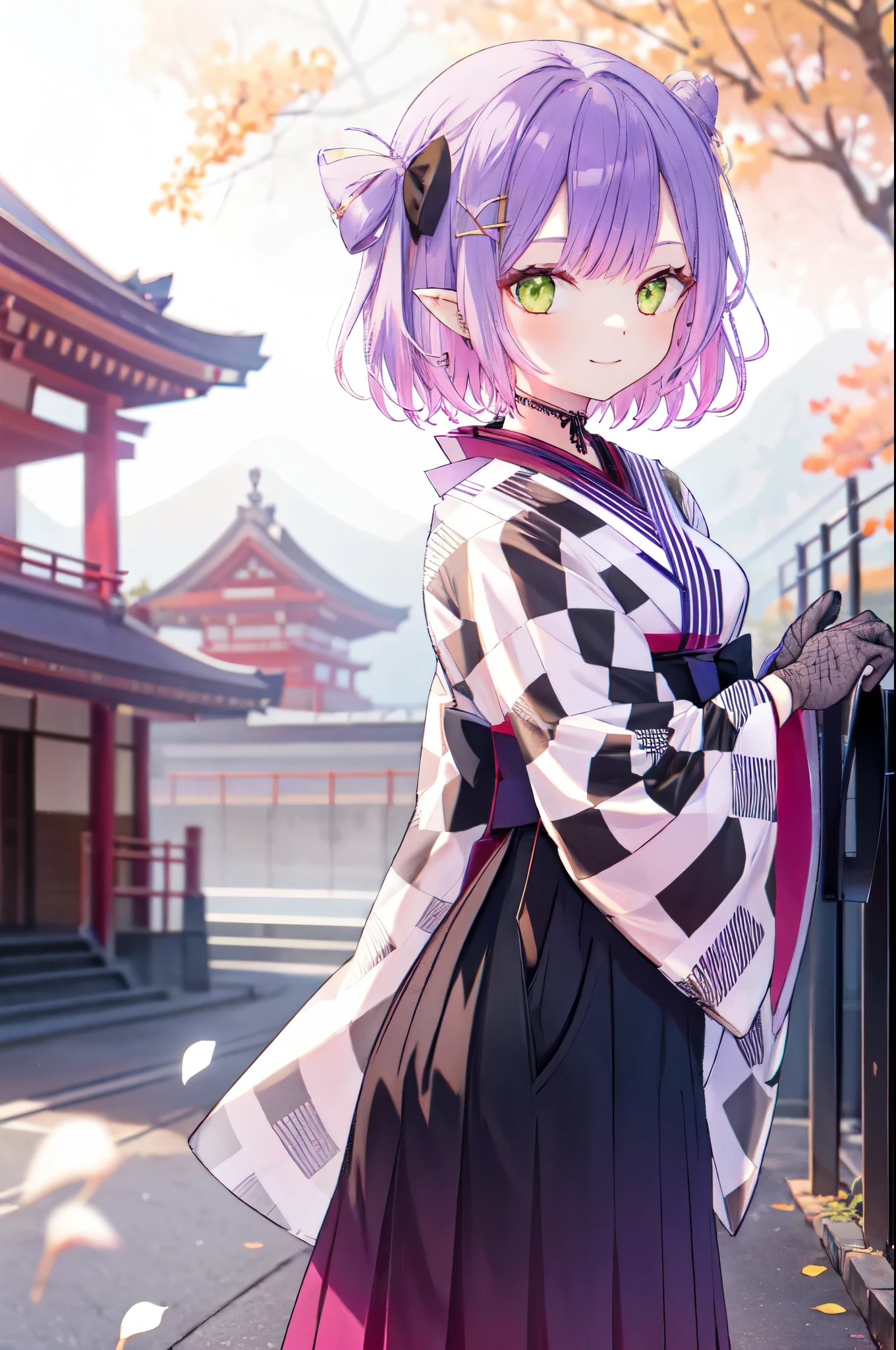 1girl, solo, towa_jp, green eyes, multicolored hair, purple hair, pink hair, short hair, two side up, japenese clothes, hakama, hakama skirt, checkered kimono, fishnet gloves, gloves, pointy ears, outdoors, autumn, matsuri, lace choker, wide sleeves, long sleeves, black hair ribbon, petals, smile