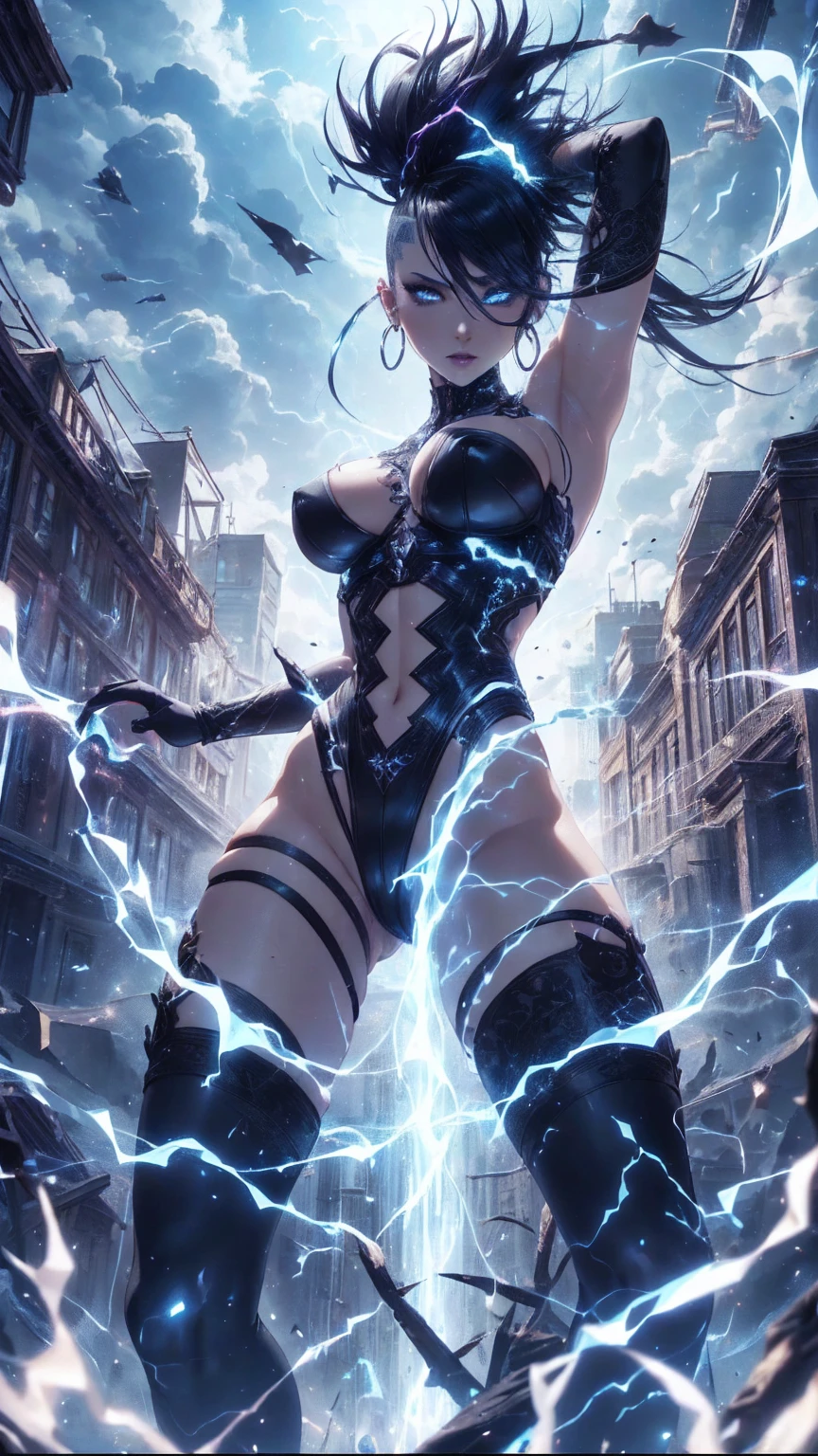 Black Female demon with horns, carrying a huge flaming sword, ((black colour skin: 1,5)), symmetrical face, detailed face, ((vivid blue hair)), red tattoos, tattoos on entire body, visible nipples, ((gigantic naked breasts: 2,0)), huge naked breasts, ((extremely big sagging oversized breasts: 2,0)), very natural naked breasts, ((extra wide heavy breasts: 1,8)), ((walking in heavy rain)), ((walking in dark cyberpunk streets)), intricate golden chest armour, golden shin armour, the biggest possible tits, night light, ((thunderstorm: 1,6)), ((lightning: 1,7)), spaceships flying in the sky, Deep shadows, side lighting, ((masterpiece)), ((Highest quality)), camera on the floor level, cinematic shot, photorealistic,