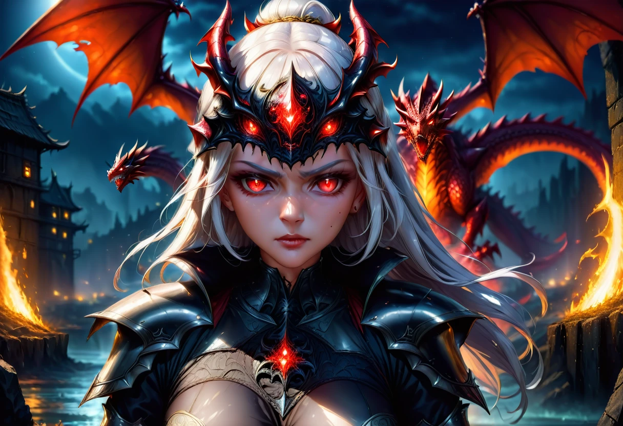 8k resolution, depth of field, photorealistic, lens flare, ((best quality)), (((intricate details))), highly detailed, (((cinematic effect))), looking at viewer,1girl,breasts,long hair, ((white hair with black highlights)), ponytail, glowing red eyes, serious and severe face, demonic armor, helmet in the shape of a blood red dragon head,holding, holding weapon, sword, holding sword, the blade and blood red color, night, (underworld,hells), well of cursed souls, the river styx, one of the 4 rivers of hell in the background