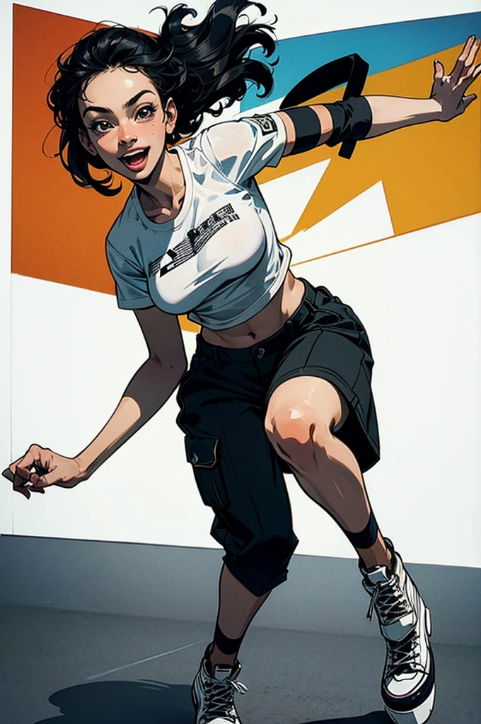 Poster, pop art style, simple colors, dancing, jumping art, break dancing, intense movement. vitality Dancing on a white background, hair fluttering, cute girl, 16 years old, smiling brightly, mouth half open (black hair, short wavy hair), (cropped cargo pants, white t-shirt, platform sneakers), (detailed fingers Delicate, detailed body, detailed arms, human hands, (beautiful detailed face), dynamic posture,