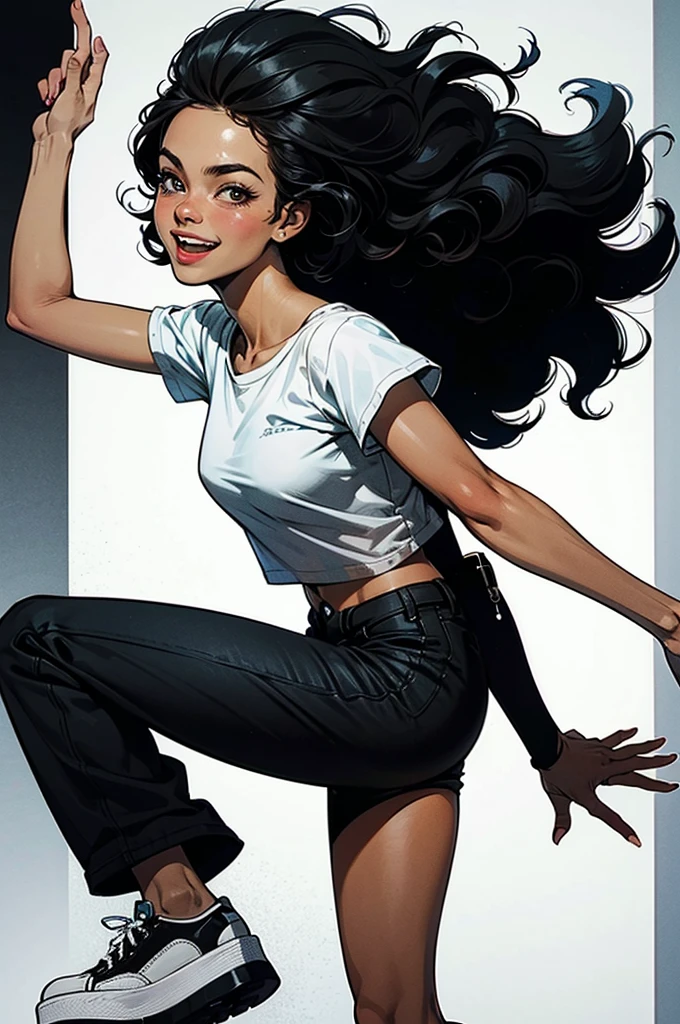 Inked, lineart style, wide angle image of a (cute:1.4) Japanese woman with very long (black hair), hair blowing in the wind, wearing (white tank top), wearing denim shorts, wearing sneakers and white ankle socks, squatting on an empty city street, futuristic city at (night:1.4), [blue and yellow neon signs:18] in the distance, woman looking up at the sky, happy, smirk, highly detailed eyes, skinny, small breasts, cool color tones, muted colors, starry sky, thick outlines, comic book style, dynamic camera angle, realistic skin, realistic hands, perfect hands, focused on sneakers