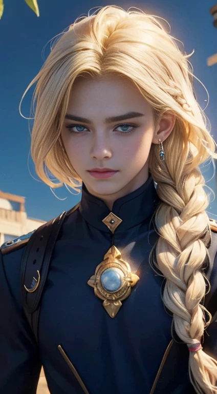 18 year old male, Yolk blonde hair with a braid, petroleum blue eyes, mole on the corner of the nose, wears magic academy uniform, High definition image, better quality of work, pixel richness