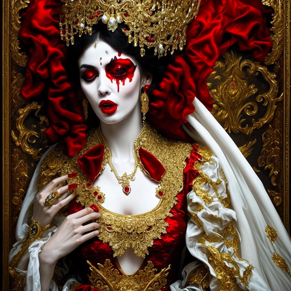 A ghost crying red tears, gothic rococo fashion, white and gold, rococo underworld, terror horror art style