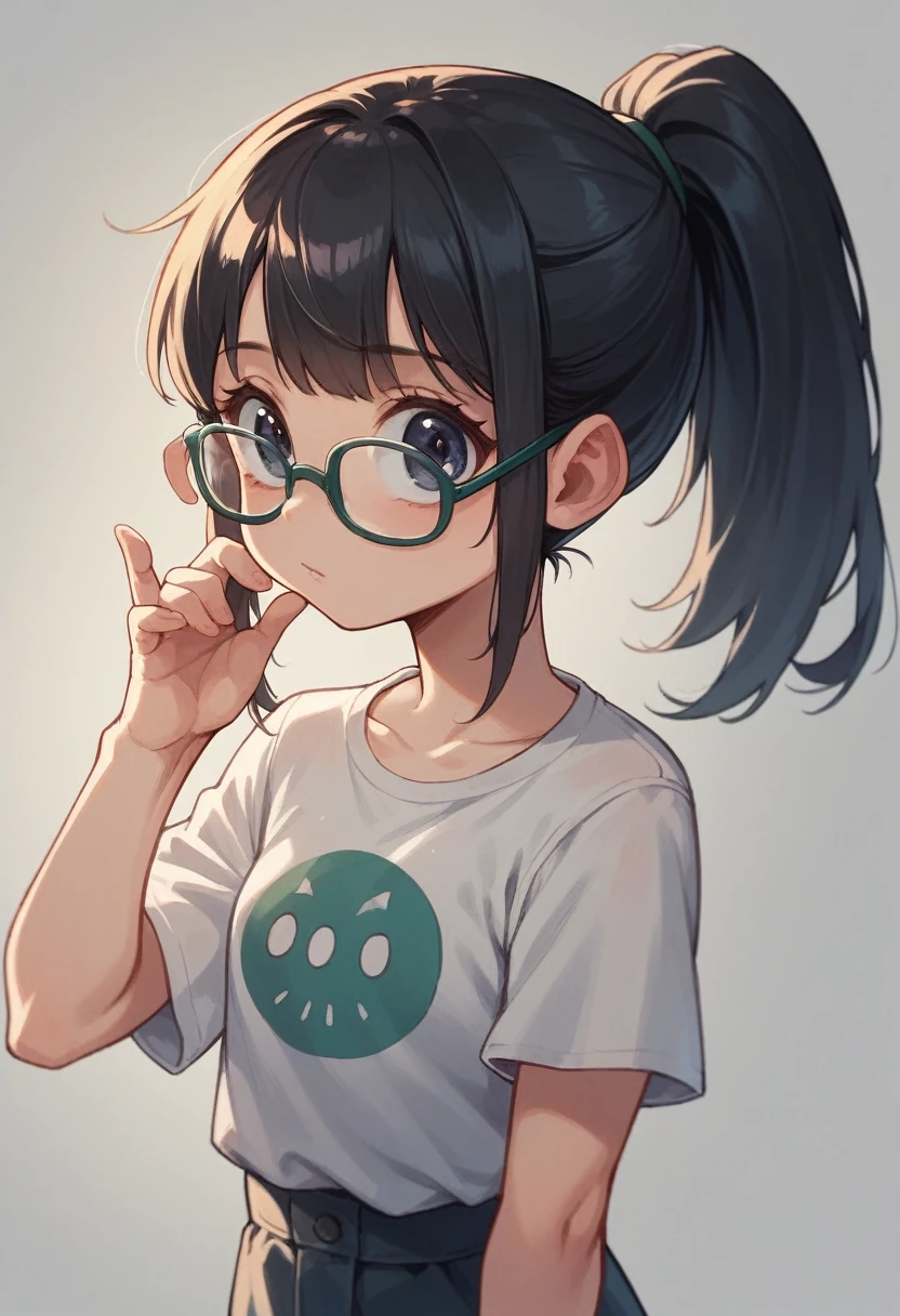 13 years old,little girl,big eyes,so cute,Cartoon,Black hair,Ponytail,wear glasses,Brightly colored clothes