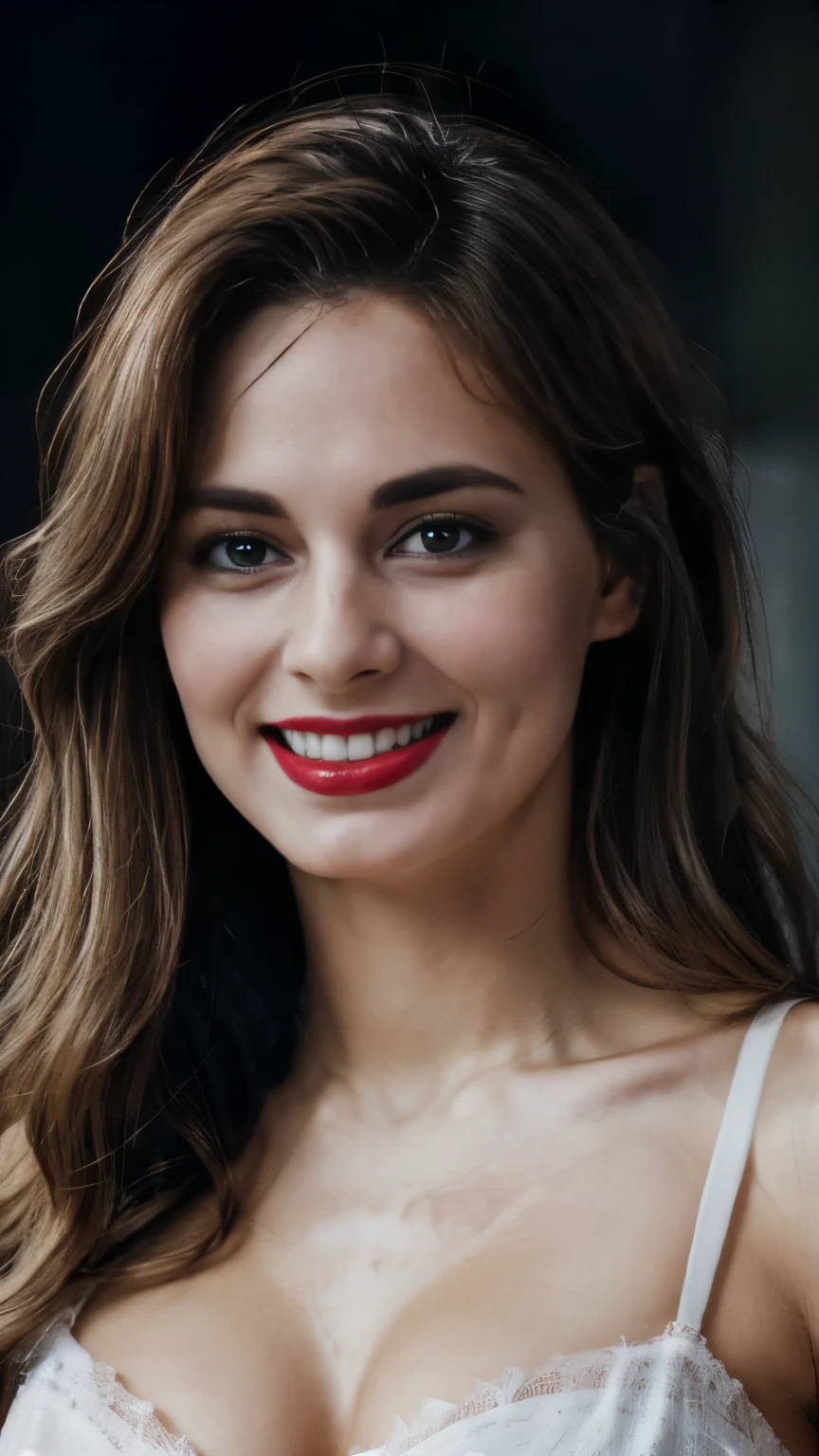 White bra, highest quality, Realistic, Very detailed, In detail, High resolution, 8k wallpaper, One beautiful woman,, Light brown messy hair, g-string, Sharp focus, Perfect dynamic composition, Beautiful fine details, Fine hair, Detailed and realistic skin texture, smile, Close-up portrait, Model Body Type, red lipstick, sensual Lipstick
