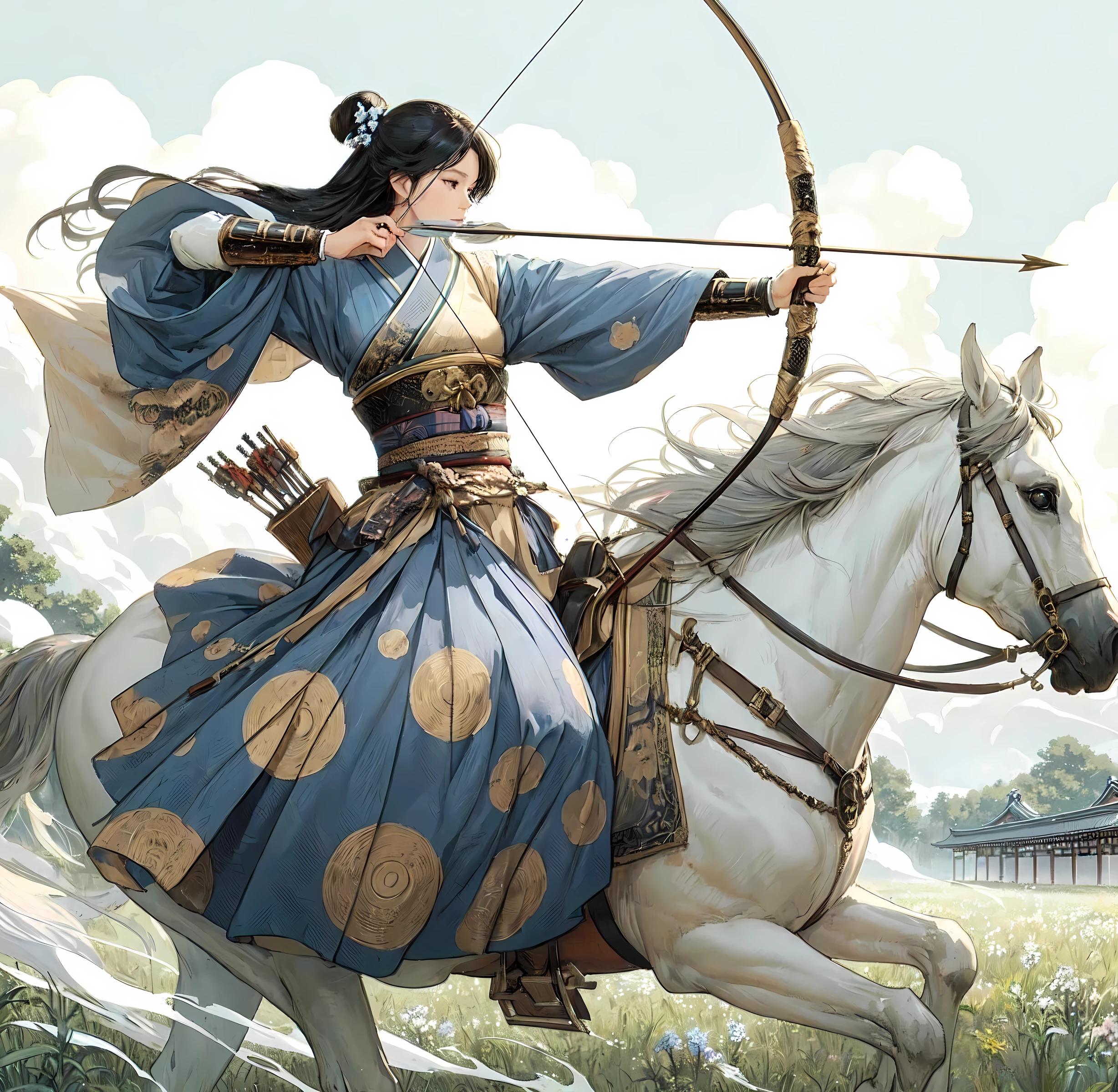 1lady solo, straddling horse, (pulling bowstring to its limits) (holding simple black bow), (blue kimono) (gold hakama), chest protector, (mature female:0.8), /(black hair/) bangs, (light smile:0.4), dignified, facing away, (masterpiece best quality:1.2) delicate illustration ultra-detailed, medium breasts BREAK (galloping horse), (realistic horse) BREAK (sacred shrine) outdoors, meadow, Japan, noon, detailed background