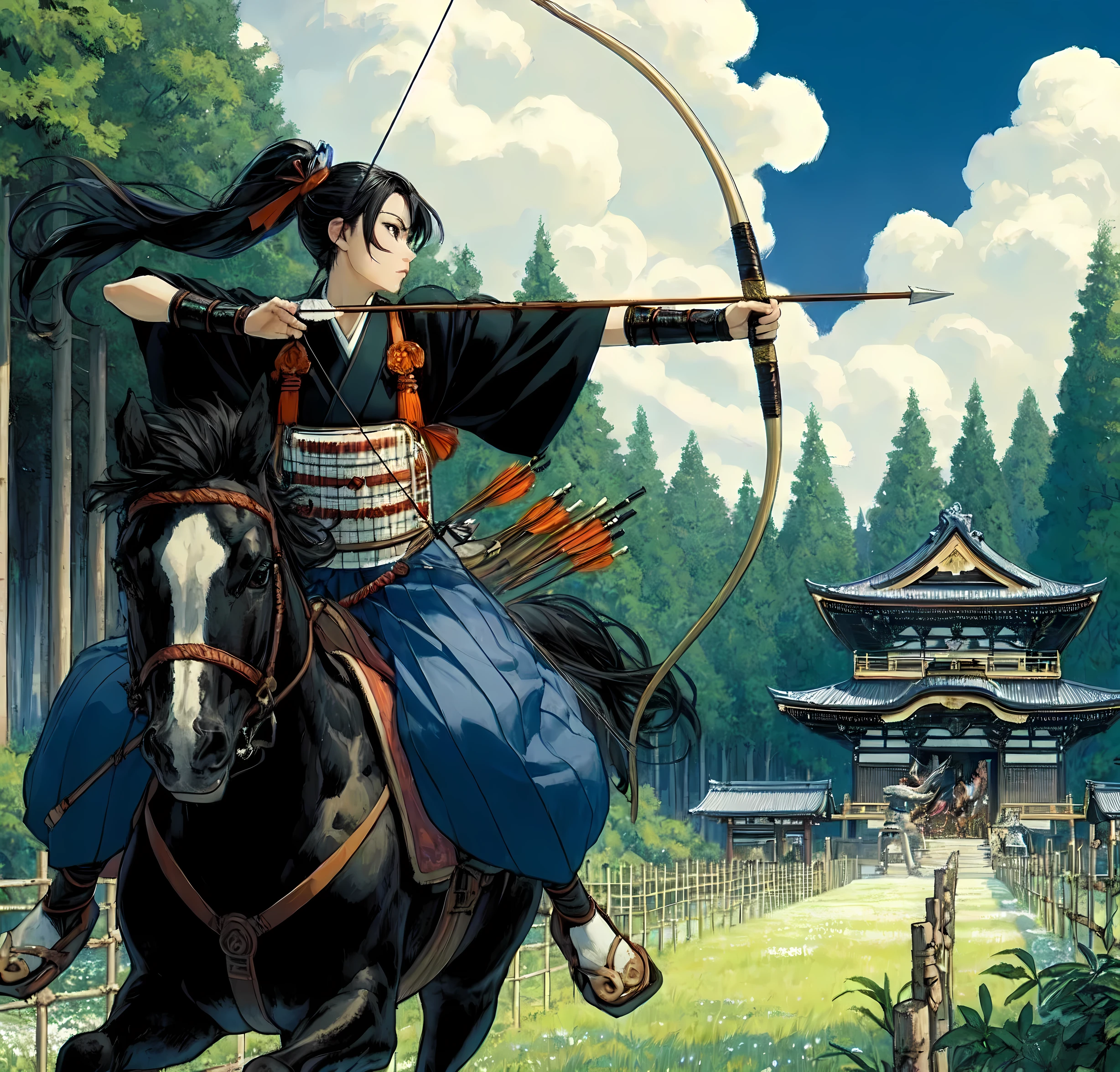 1lady solo, straddling horse, (pulling bowstring to its limits) (holding simple black bow), (black kimono) (blue hakama), chest protector, (mature female:0.8), /(black hair/) bangs, (light smile:0.4), dignified, facing away, (masterpiece best quality:1.2) delicate illustration ultra-detailed, medium breasts BREAK (galloping horse), (realistic horse) BREAK (sacred shrine) outdoors, meadow, Japan, noon, detailed background