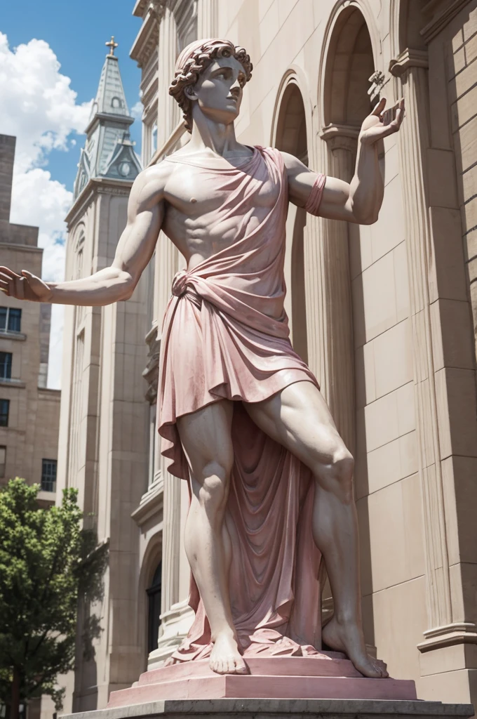 STATUE OF A GREEK GOD WITH A TROPHY IN HIS HAND WITH PURPLE DETAILS ON HIS CLOTHING