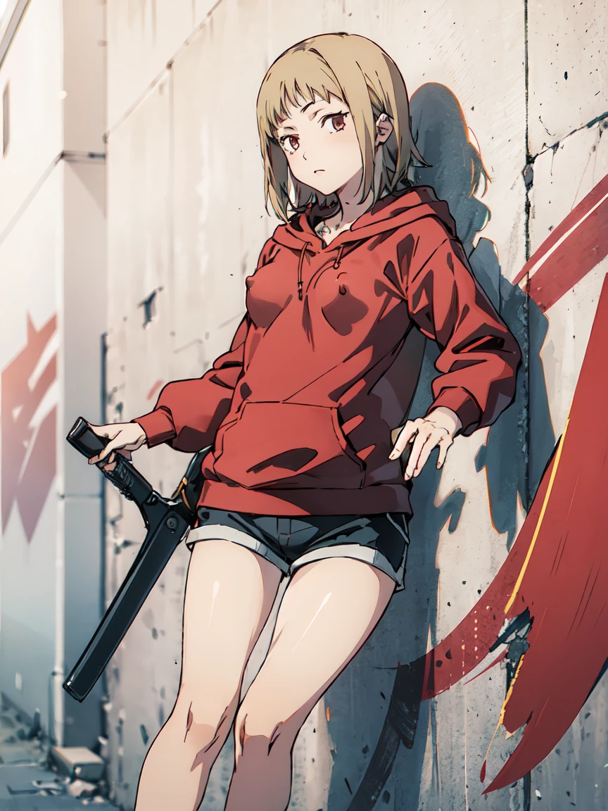 ((Highest quality)), ((masterpiece)), (be familiar with),Akane Sawatari,((Small breasts)),((Pointy nipples)),Tattoo of the uterus, Red hoodie,Shorts
