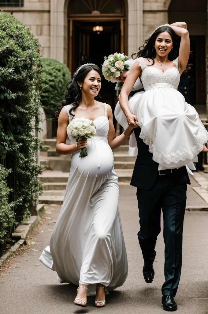 There are two women. One is the bride . The other woman is a pregnant maid. The bride is carrying the pregnant maid while they run away from men in suits.