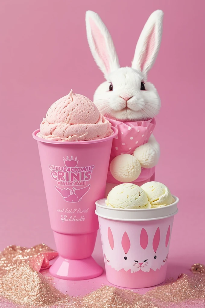 Create a bunny-flavored Holland ice cream packaging, but in pink color and with pink glitter. Make sure the rabbit is exotic.