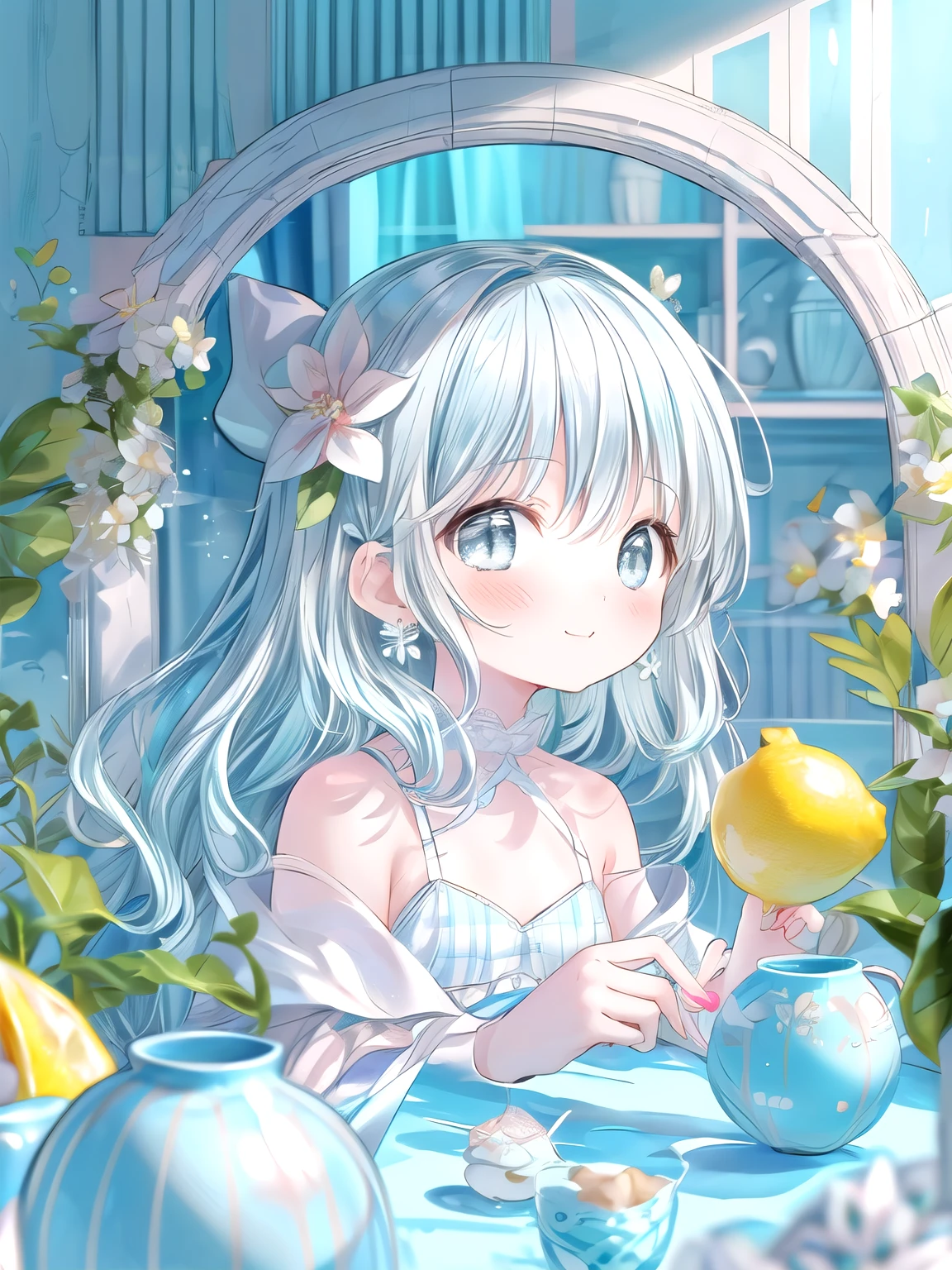 SeaArt Bot Txt2Img SDXL 00:18:48 masterpiece, best quality, extremely detailed, (illustration, official art:1.1),adorable **** face、 1 girl ,(((( light blue long hair)))),pale blue hair,****, long hair ((blush)) , cute face, big eyes, masterpiece, best quality,(((((a very delicate and beautiful girl))))),Amazing,beautiful detailed eyes,blunt bangs((((little delicate girl)))),tareme(true beautiful:1.2), sense of depth,dynamic angle,,,, affectionate smile, (true beautiful:1.2),,(tiny 1girl model:1.2),)flat chest、，(masterpiece:1.2), highest quality,pixiv, Sweet girl portrait, 1 girl, lemon, alone, lemon slice, have, jewelry, earrings, cup, looking at the viewer, flower, fruits, holding, bow, food, green eyes, bangs, bare shoulders, food-themed earrings, holding cup, Cup, white hat, nail polish, polka dots, have bow, off shoulder, short hair, white flower, blush, striped bow, portrait, english text, bubble, flower earrings, plaid, Upper body, From the side
