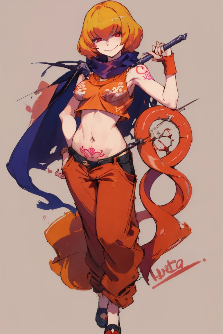 ((Highest quality)), ((masterpiece)), (be familiar with),Clementine,Overload,nsfw,Tattoo of the uterus,Sleeveless sweater,shawl,pants,Bewitching Smile,whole body