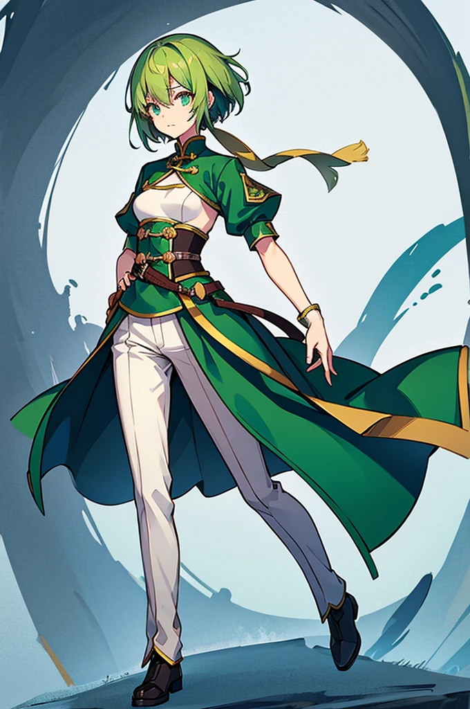 Green Hair、Shortcuts、Small breasts、standing、full body、Fighter、male、Uniform、Chinese Knight Costume、White background、pants、No exposure