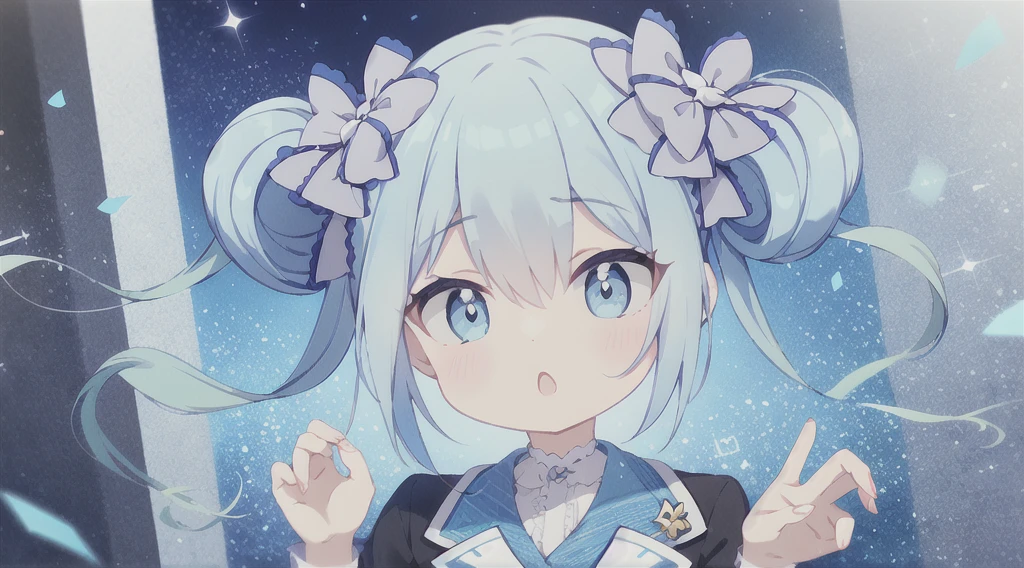 Blue Hair, Twin tails, Hair between the eyes, 紫のhair bow, eyebrows visible through hair,