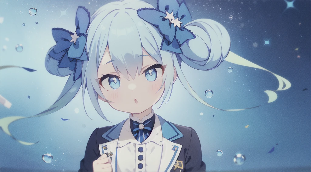 Blue Hair, Twin tails, Hair between the eyes, 紫のhair bow, eyebrows visible through hair,