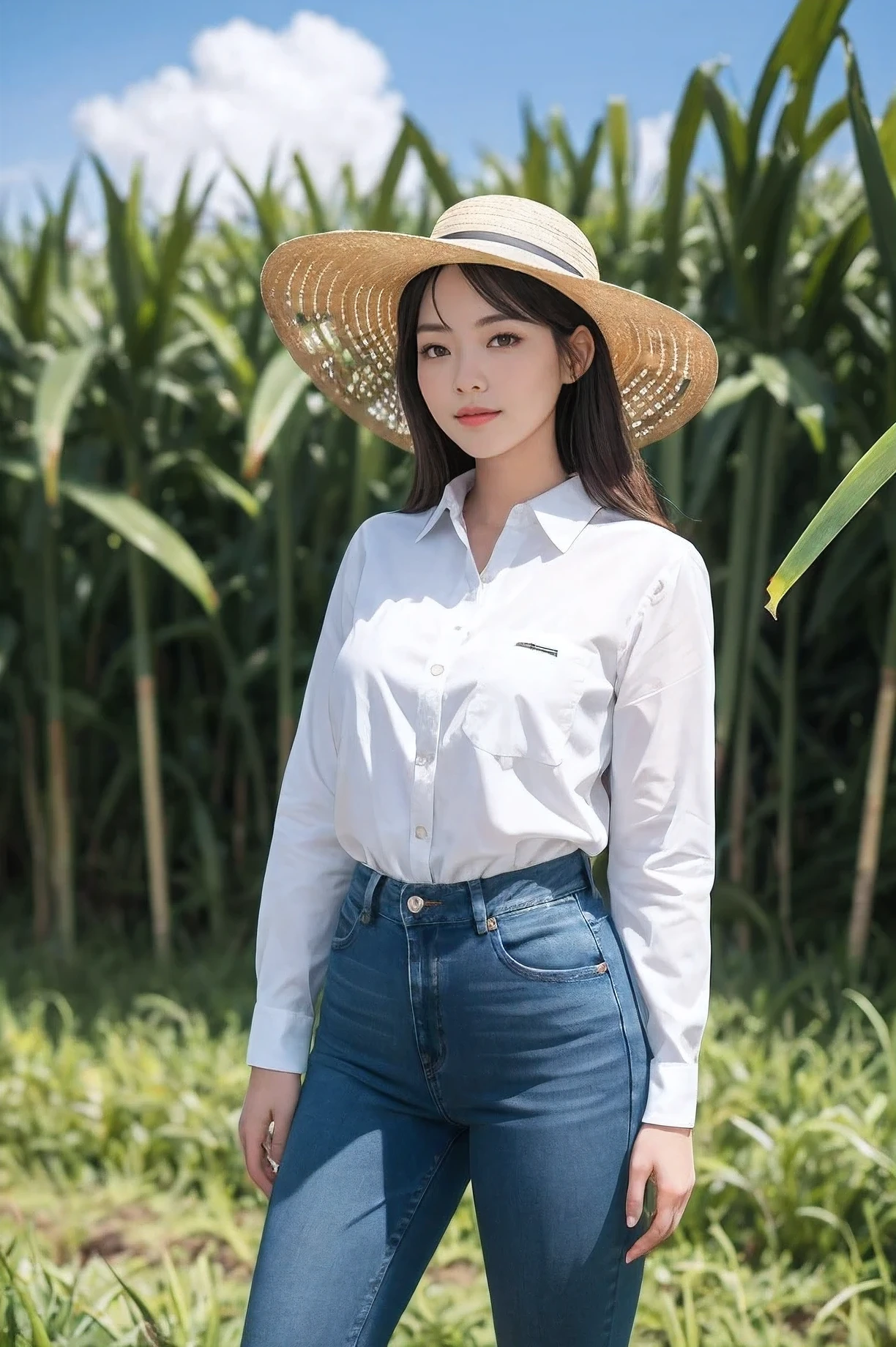 An agronomist woman dressed in jeans and a white long-sleeved shirt, sun hat, and boots, is in a sugar cane field with sunny weather. There are not many clouds in the sky, which is blue. The image should be realistic and in 8k resolution.
