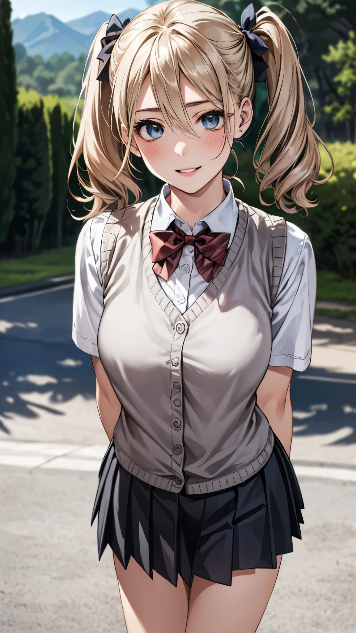 (masterpiece:1.3, top-quality, ultra high res, ultra detailed), (realistic, photorealistic:1.4), beautiful illustration, perfect lighting, natural lighting, colorful, depth of fields, surrealism, 
beautiful detailed hair, beautiful detailed face, beautiful detailed eyes, beautiful clavicle, beautiful body, beautiful chest, beautiful thigh, beautiful legs, beautiful fingers, shiny skin, 
looking at viewer, 1 girl, japanese, high school girl, (perfect anatomy, anatomically correct, super detailed skin), cute and symmetrical face, babyface, perfect face, perfect eyes, 
(middle hair, twintails, blonde hair), hair between eyes, blue eyes, big eyes, long eyelashes, (medium breasts, seductive thighs), slender, outstanding style, 
((detailed cloth texture, break,break, white collared shirt, break,break, light brown knit vest, break,break, grey pleated skirt, break,break, red bow tie), break,break, white socks, black loafer), 
(beautiful scenery), evening, (park), standing, leaning forward, (arms behind back), (lovely smile, parted lips),