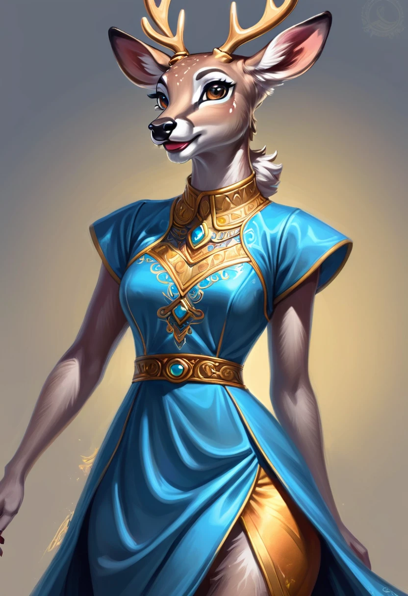 Create an illustrated, hand-drawn, full-color image of an anthropomorphic deer women. The artwork should be rendered in the style of "Breath of the Wild," featuring warm lighting and shadows. Include graphite shading, stencil marks, and airbrushed acrylic paint effects. dress. The image should be of the highest quality, a masterpiece with intricate details. The deer women should have a female, humanoid, furry appearance with grey skin. She should have luscious lips, a wide smile, and bright, expressive eyes, exuding beauty, cuteness, and adorableness. Ensure the image is high resolution and sharply detailed, with a detailed and vibrant background. Incorporate mystical lighting in the background, creating a romantic and enchanting atmosphere.
