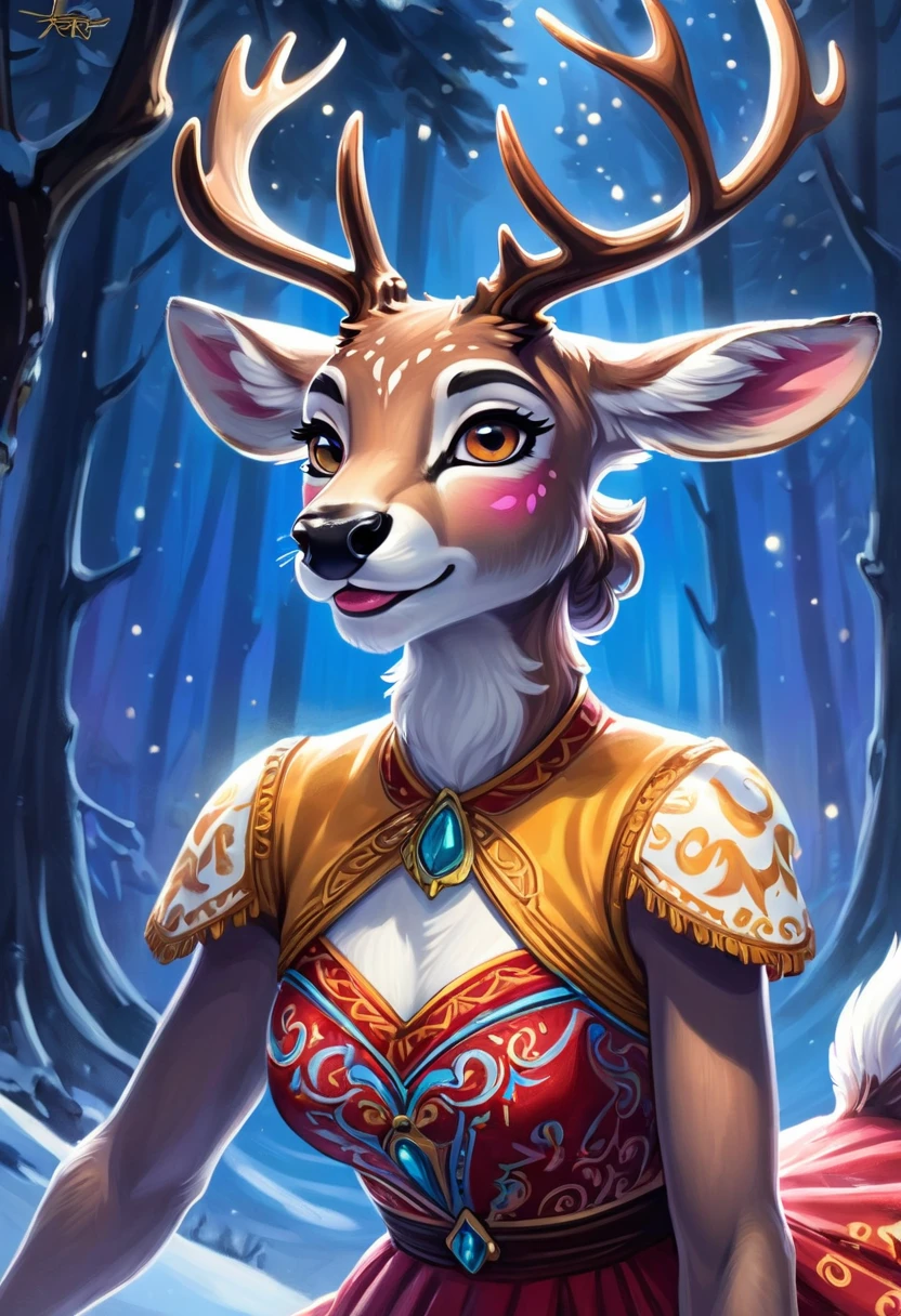 Create an illustrated, hand-drawn, full-color image of an anthropomorphic deer women. The artwork should be rendered in the style of "Breath of the Wild," featuring warm lighting and shadows. Include graphite shading, stencil marks, and airbrushed acrylic paint effects. dress. The image should be of the highest quality, a masterpiece with intricate details. The deer women should have a female, humanoid, furry appearance with grey skin. She should have luscious lips, a wide smile, and bright, expressive eyes, exuding beauty, cuteness, and adorableness. Ensure the image is high resolution and sharply detailed, with a detailed and vibrant background. Incorporate mystical lighting in the background, creating a romantic and enchanting atmosphere.