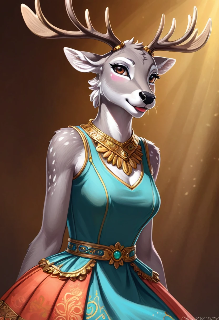 Create an illustrated, hand-drawn, full-color image of an anthropomorphic deer women. The artwork should be rendered in the style of "Breath of the Wild," featuring warm lighting and shadows. Include graphite shading, stencil marks, and airbrushed acrylic paint effects. dress. The image should be of the highest quality, a masterpiece with intricate details. The deer women should have a female, humanoid, furry appearance with grey skin. She should have luscious lips, a wide smile, and bright, expressive eyes, exuding beauty, cuteness, and adorableness. Ensure the image is high resolution and sharply detailed, with a detailed and vibrant background. Incorporate mystical lighting in the background, creating a romantic and enchanting atmosphere.
