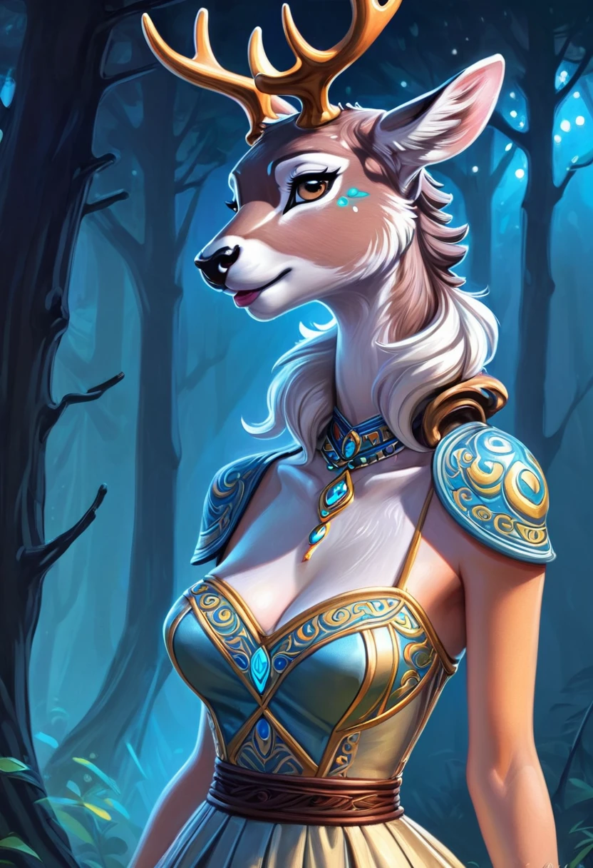 Create an illustrated, hand-drawn, full-color image of an anthropomorphic deer women. The artwork should be rendered in the style of "Breath of the Wild," featuring warm lighting and shadows. Include graphite shading, stencil marks, and airbrushed acrylic paint effects. dress. The image should be of the highest quality, a masterpiece with intricate details. The deer women should have a female, humanoid, furry appearance with grey skin. She should have luscious lips, a wide smile, and bright, expressive eyes, exuding beauty, cuteness, and adorableness. Ensure the image is high resolution and sharply detailed, with a detailed and vibrant background. Incorporate mystical lighting in the background, creating a romantic and enchanting atmosphere.
