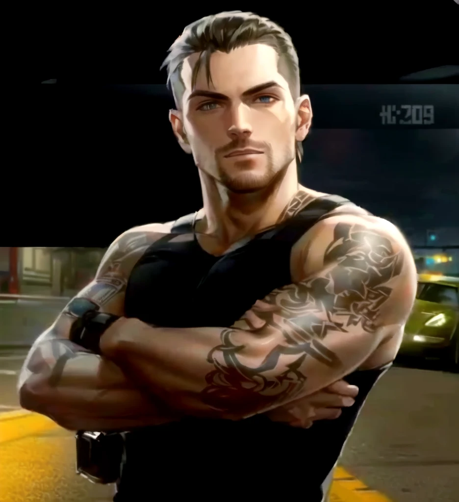 a close up of a man with a tattoo on his arm, ernest khalimov body, need for speed character, nfsmw character, as a character from need for speed, portrait of Derek Hamilton, as the antagonist of nfs most wanted, as a character in need for speed, concept art like ernest khalimov, upper body avatar, bodybuilder ernest khalimov, need for speed, video game avatar