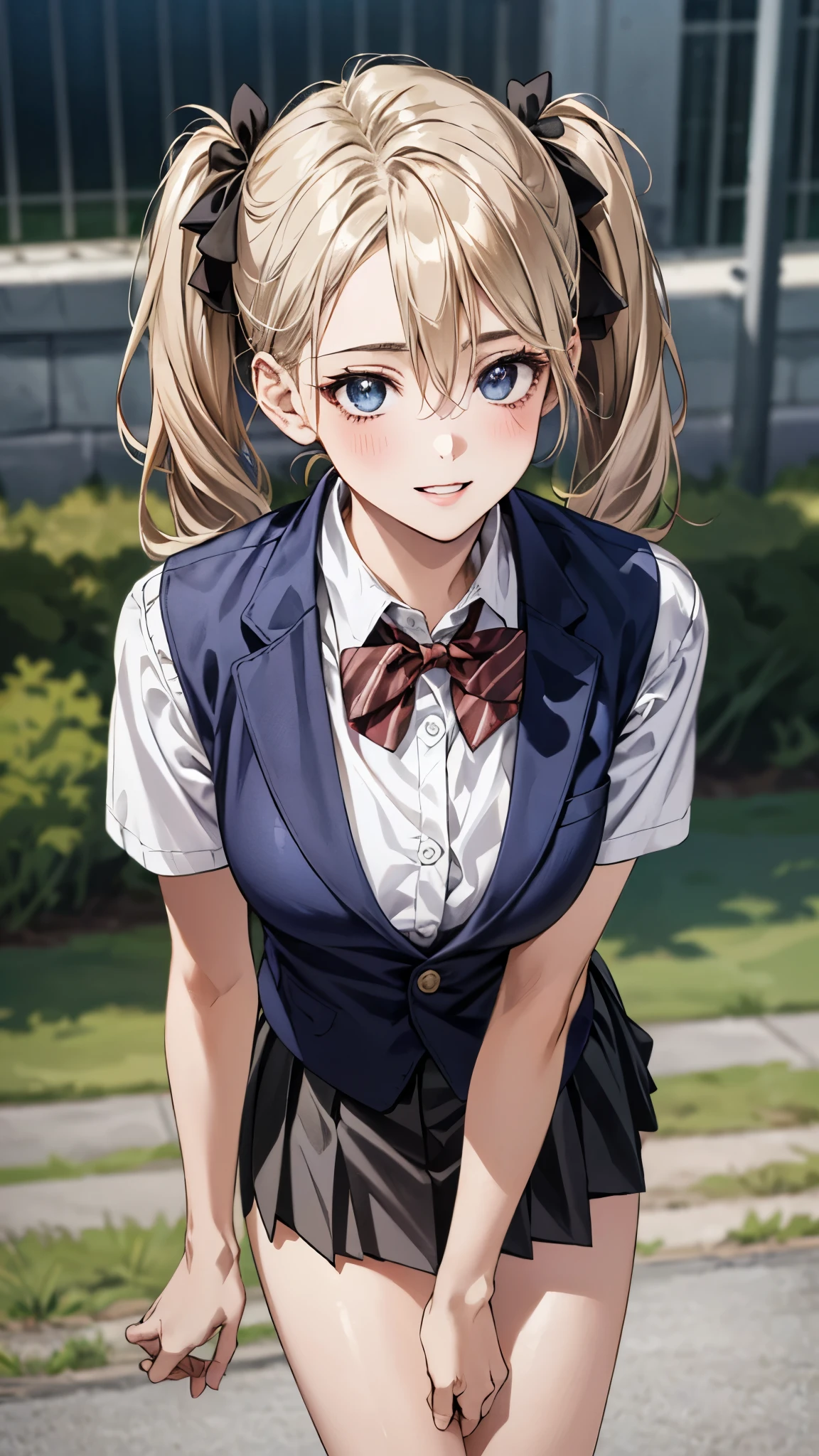 (masterpiece:1.3, top-quality, ultra high res, ultra detailed), (realistic, photorealistic:1.4), beautiful illustration, perfect lighting, natural lighting, colorful, depth of fields, surrealism,
beautiful detailed hair, beautiful detailed face, beautiful detailed eyes, beautiful clavicle, beautiful body, beautiful chest, beautiful thigh, beautiful legs, beautiful fingers, shiny skin,
looking at viewer, 1 girl, japanese, high school girl, (perfect anatomy, anatomically correct, super detailed skin), cute and symmetrical face, babyface, perfect face, perfect eyes,
(middle hair, twintails, blonde hair), hair between eyes, blue eyes, big eyes, long eyelashes, (medium breasts, seductive thighs), slender, outstanding style,
((detailed cloth texture, break,break, white collared shirt, break,break, light brown knit vest, break,break, grey pleated skirt, break,break, red bow tie), break,break, white socks, black loafer),
(beautiful scenery), evening, (park), standing, leaning forward, (arms behind back), (lovely smile, parted lips),