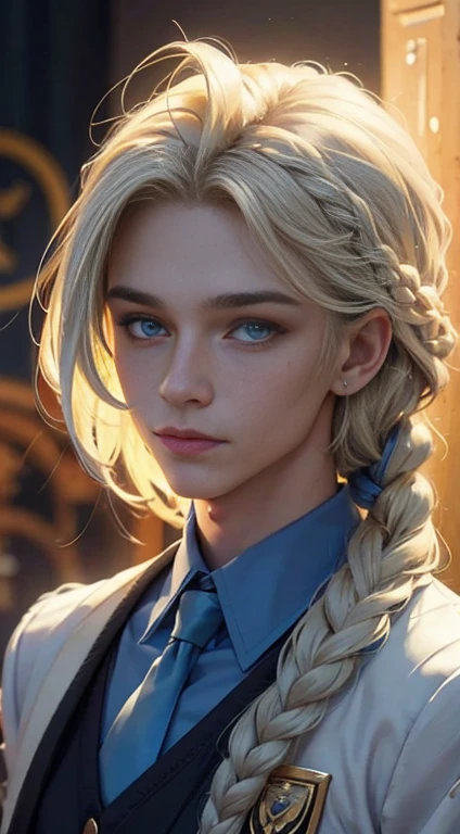 18 year old male, Yolk blonde hair with a braid, petroleum blue eyes, mole on the corner of the nose, wears magic academy uniform, High definition image, better quality of work, pixel richness