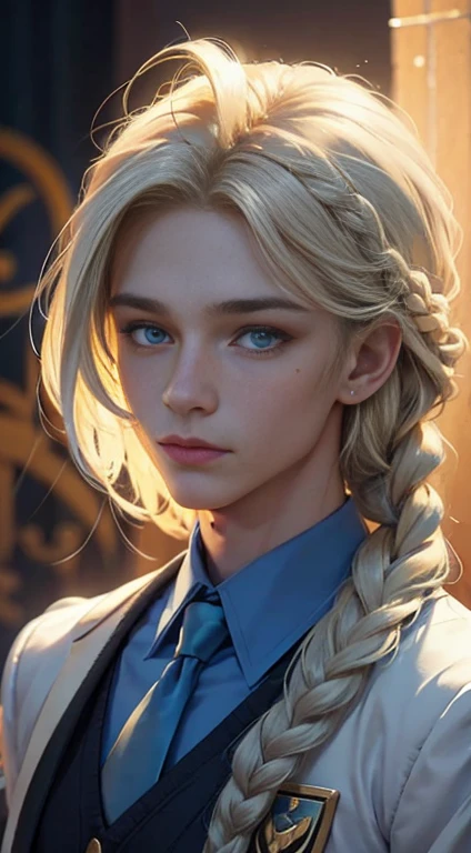 18 year old male, Yolk blonde hair with a braid, petroleum blue eyes, mole on the corner of the nose, wears magic academy uniform, High definition image, better quality of work, pixel richness