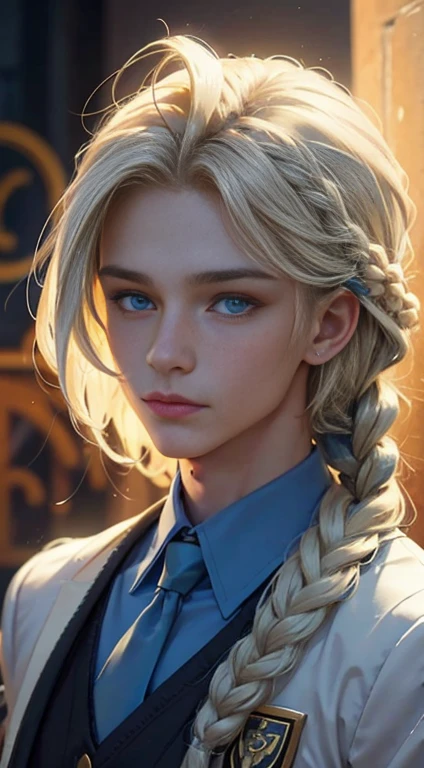 18 year old male, Yolk blonde hair with a braid, petroleum blue eyes, mole on the corner of the nose, wears magic academy uniform, High definition image, better quality of work, pixel richness