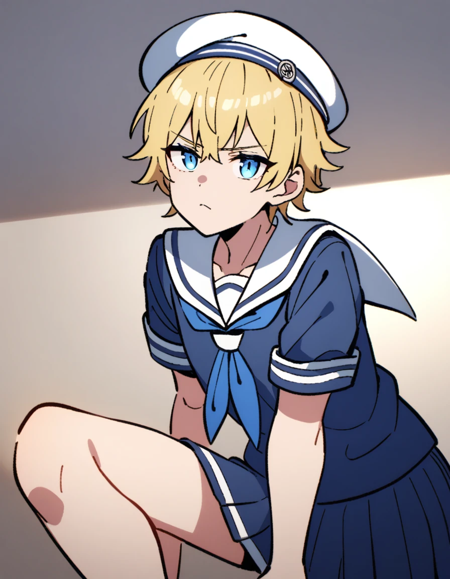 Blonde,wolf cut. Shota, sailor suit, sailor hat, blue eyes, tomboy, Naughty god tier lighting