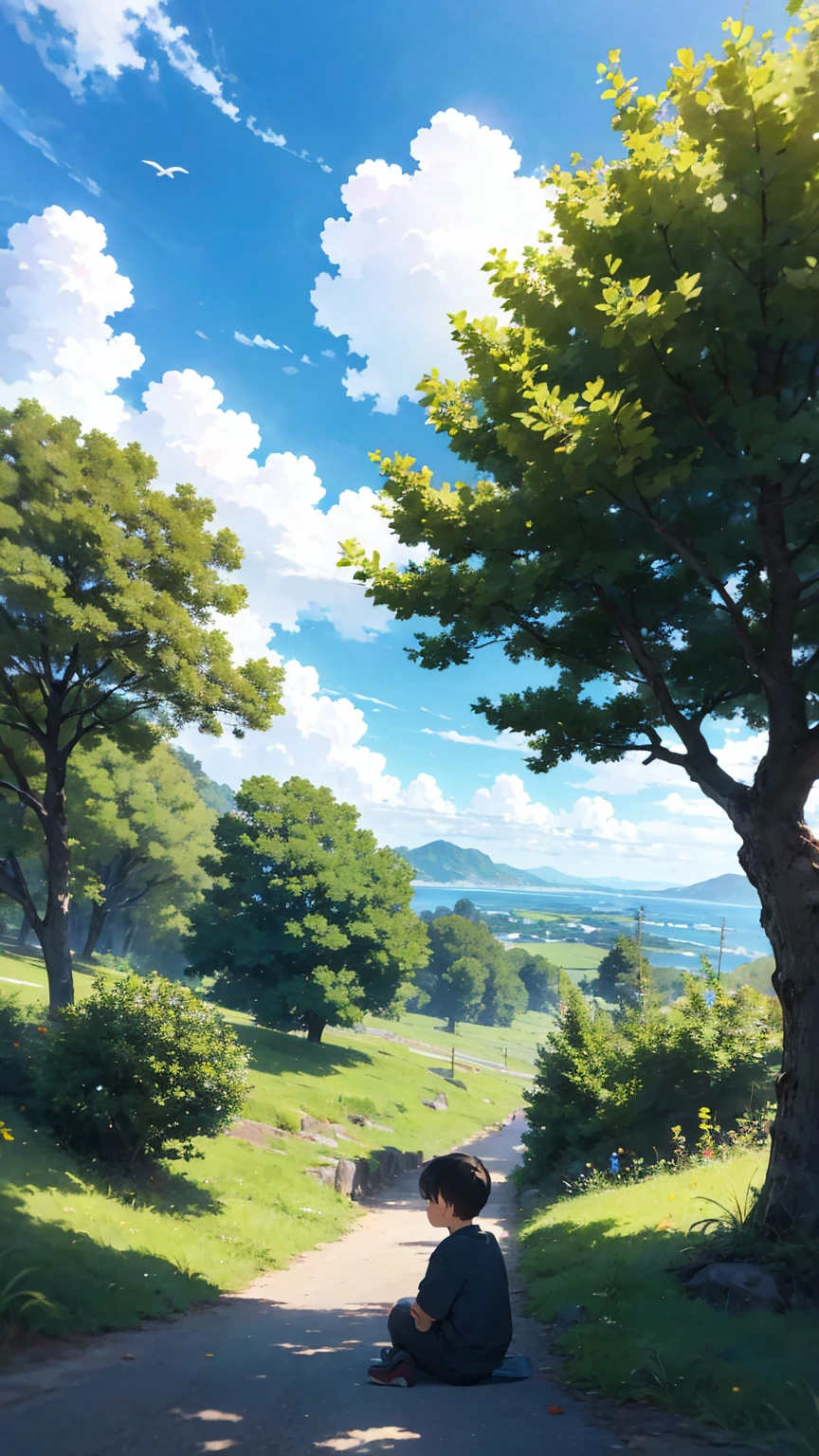  A serene anime-style landscape under a bright blue sky with fluffy white clouds. A lush, green tree with thick foliage stands tall on the left side of the image. Below the tree, a young boy sits peacefully on a rocky hill, gazing out at the expansive, clear sky. The scene is filled with vibrant greenery, wildflowers, and birds flying in the distance, creating a sense of calm and tranquility. tree, no humans, cloud, sky, outdoors, day, smile, blue sky, aqua background, Rich colors, white cloudsï¼ aqichahua, illustration, flat color, Flat style, highlands, (Masterpiece), (best quality)