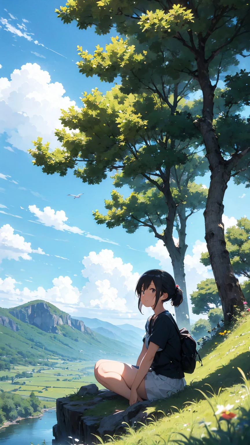  A serene anime-style landscape under a bright blue sky with fluffy white clouds. A lush, green tree with thick foliage stands tall on the left side of the image. Below the tree, a young boy sits peacefully on a rocky hill, gazing out at the expansive, clear sky. The scene is filled with vibrant greenery, wildflowers, and birds flying in the distance, creating a sense of calm and tranquility. tree, no humans, cloud, sky, outdoors, day, smile, blue sky, aqua background, Rich colors, white cloudsï¼ aqichahua, illustration, flat color, Flat style, highlands, (Masterpiece), (best quality)