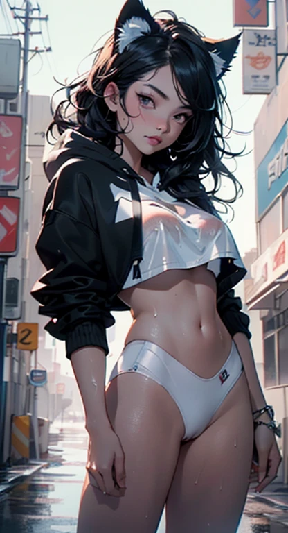 girl spacepunk,(((1girl))),((beautiful girl with bright and luminous cat ears)),
(large breasts:1.4),saggy breasts,((black hair,black messy hair,colored inner hair,large hair,absurdly long unkempt hair:1.35,long black hair,ear breathing)),((((cat ears,cat ears on head,big cat ears)))),(((pink eyes:1.3,upturned eyes:1.3,perfect eyes,beautiful detailed eyes,finely detailed beautiful eyes:1,symmetrical eyes:1))),((fat)),(((lustrous skin:1.5,bright skin: 1.5,skin tanned,shiny skin,very shiny skin,shiny body,plastic glitter skin,exaggerated shiny skin,illuminated skin,wet legs))),(spider lower abdomen,narrow waist,wide hip,athletic body,inflated legs,delicate detailed fingers,detailed body,human hands,(detailed face)),
cute,slutty,seductive,erotic,(((nsfw))),
(graffiti art in clothes),zettai ryouiki,revealing clothing,show skin,(((underboob))),(cleavage),(semi-naked,with little clothing,((tiny thong)),bare legs,visible thong straps),((((crop top hoodie,cropped hoodie,hoodie,hoodie intricate)))),((wet clothes,detailed outfit,detailed clothes)),
(dynamic pose:1.0),solo focus,embarrassed,(centered,scale to fit dimensions,Rule of thirds),
cyberpunk city by the ocean at night, with bright neon signs and dark stormy clouds and puddles,
High resolution, sharp focus, (ultra detailed, extremely detailed), (photorealistic artwork:1.37), 8k wallpaper,((synthwave background theme)),(((vibrant colors,))),(intricate),masterpiece,(best quality),synthwave neon colors,