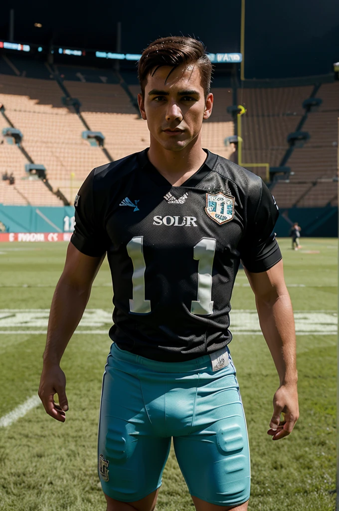 4D caricature of a handsome man with short hair wearing a number 11 football jersey standing on the field High contrast High color effect