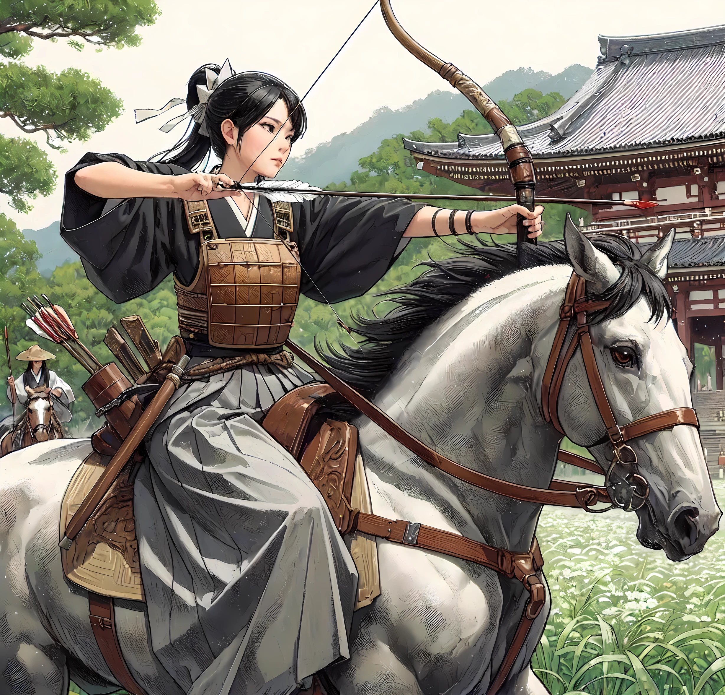 1lady solo, straddling horse, (pulling bowstring to its limits) (holding simple black bow), (black kimono) (gray hakama), chest protector, (mature female:0.8), /(black hair/) bangs, (light smile:0.4), dignified, facing away, (masterpiece best quality:1.2) delicate illustration ultra-detailed, medium breasts BREAK (galloping horse), (realistic horse) BREAK (sacred shrine) outdoors, meadow, Japan, noon, detailed background