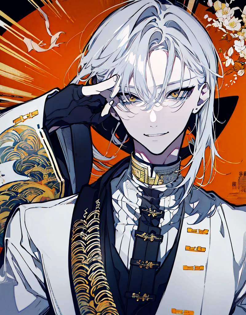 High resolution　male　Character portrait　whole body　White background　Close ~ eyes　Suspicious Laughter　Lift the corners of your mouth　tall　Silver Hair　Yellow Eyes　Chinese style black clothes　sunglasses　smile　Putting a cigarette in your mouth　Double teeth　Grinning face
