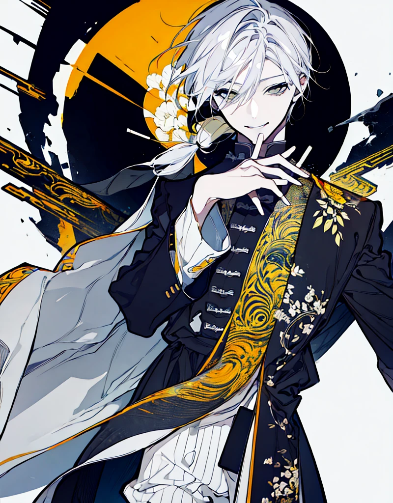 High resolution male Character portrait whole body White background Close ~ eyes Suspicious Laughter Lift the corners of your mouth tall Silver Hair Yellow Eyes Chinese style black clothes sunglasses smile Putting a cigarette in your mouth Double teeth Grinning face