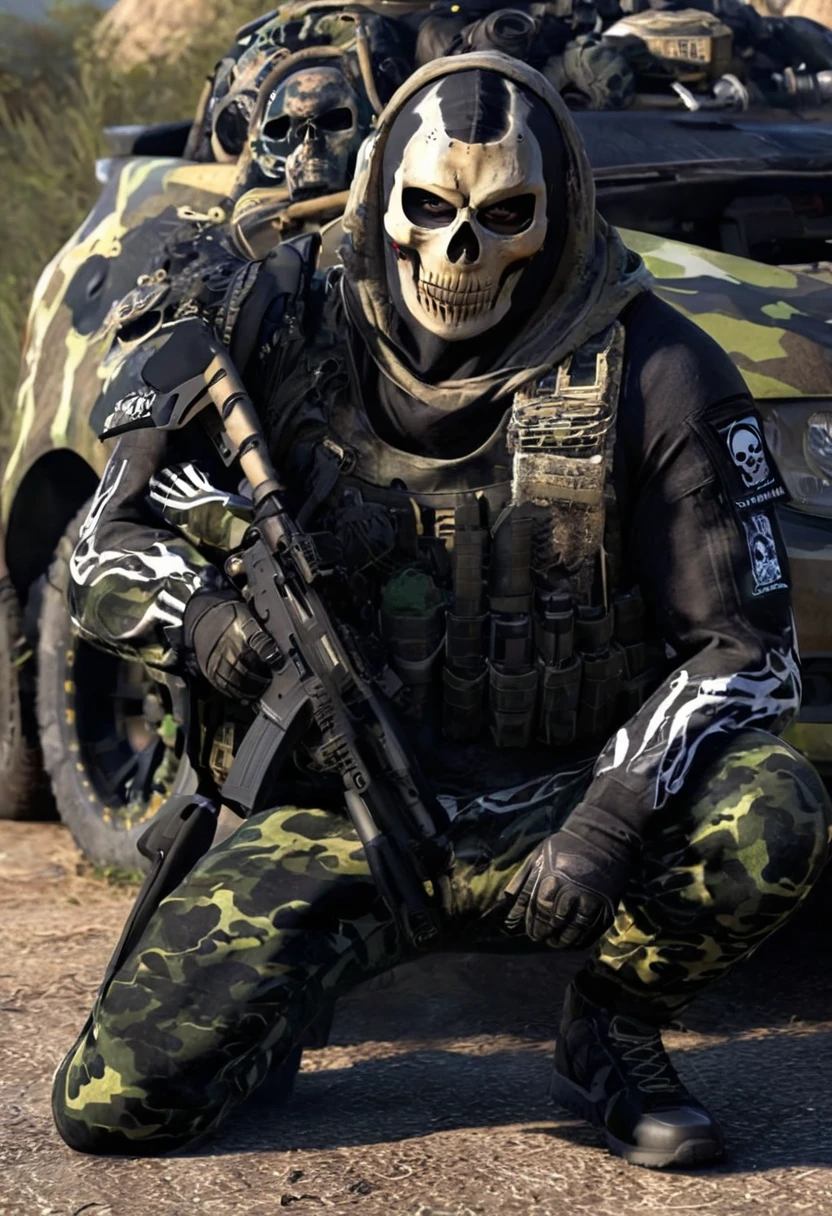 8k create a warrior in a war, with a skull mask, heavily armed, black and camouflage clothes, he is on his knees, your automotive body is perfectly, too realistic. the wire he is holding is in perfect condition, every detail of the weapon is important