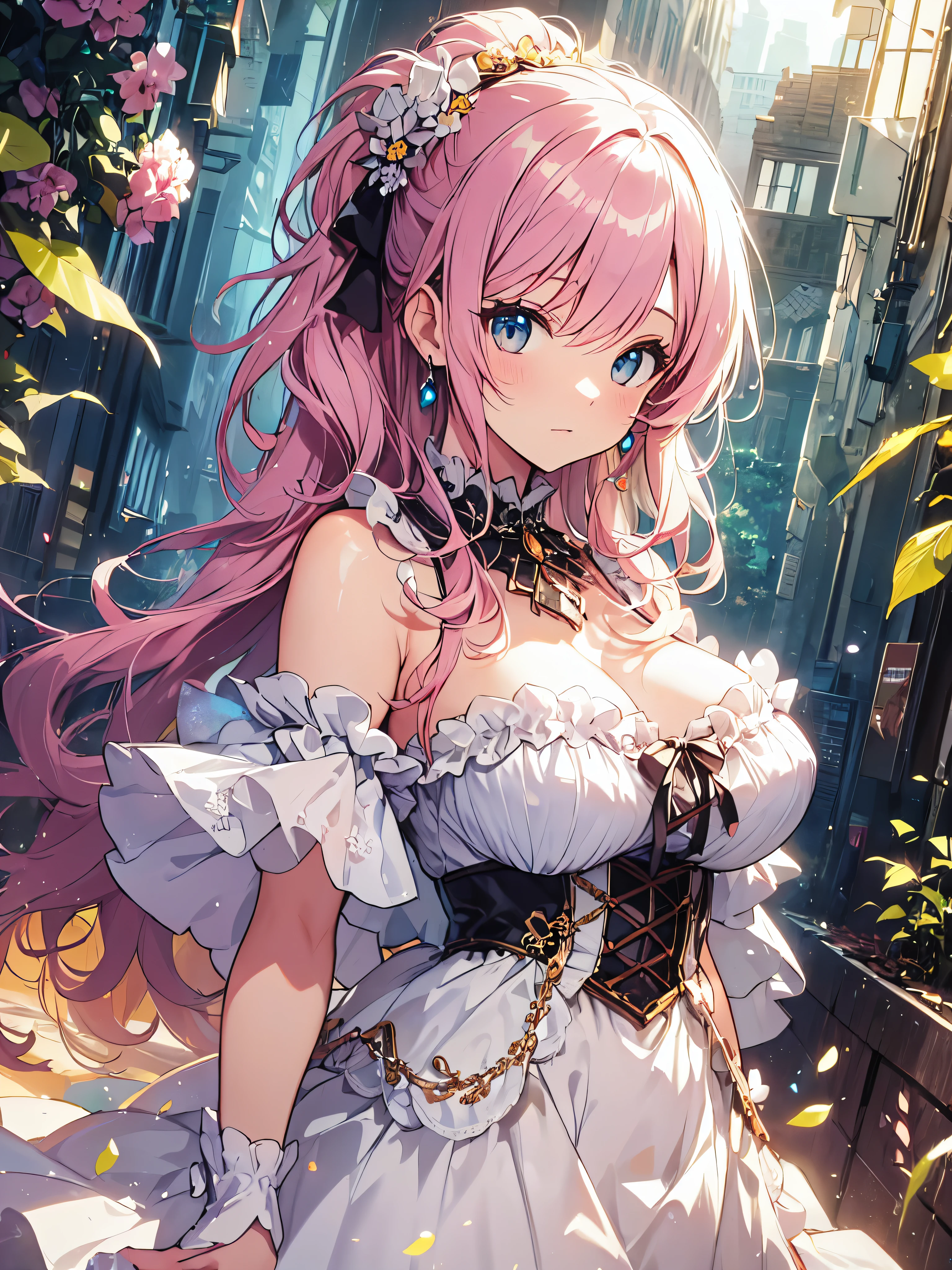 (((Ultra gorgeous  beautiful dress is rococo style bawlgawn with))), ((hoopskirt and long hems)), solo lady is cute and very beautiful, (fluffy ponytail pink hair:1.2), Curly Hair, (Expressive hair:1.2), (very voluminous long hair:1.2), (cowboy shot),  (dutch angle:1.5), (huge breasts), ((masterpiece)), ((ultra detailed)), ((an extremely delicate and beautiful)),