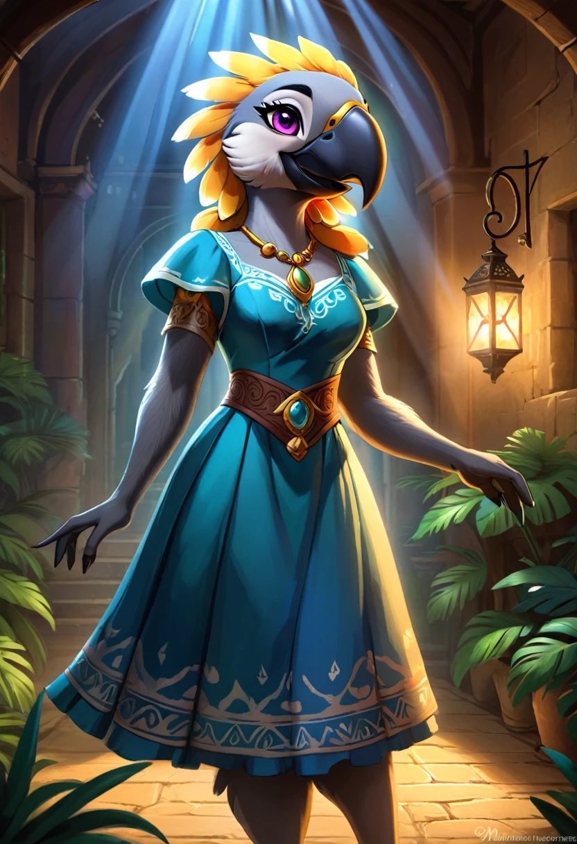 Create an illustrated, hand-drawn, full-color image of an anthropomorphic parrot women. The artwork should be rendered in the style of "Breath of the Wild," featuring warm lighting and shadows. Include graphite shading, stencil marks, and airbrushed acrylic paint effects. dress. The image should be of the highest quality, a masterpiece with intricate details. The parrot women should have a female, humanoid, furry appearance with grey skin. She should have luscious lips, a wide smile, and bright, expressive eyes, exuding beauty, cuteness, and adorableness. Ensure the image is high resolution and sharply detailed, with a detailed and vibrant background. Incorporate mystical lighting in the background, creating a romantic and enchanting atmosphere.