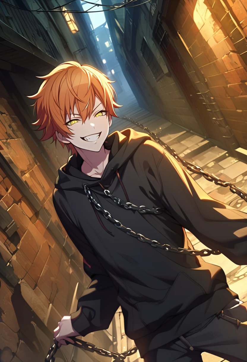 Orange Hair、Yellow-green eyes、male、Tall、Black hoodie、Chain of chains、Long sleeves and pants、Red Mesh、Dark Back Alley、Smiling with teeth showing、Bad face、