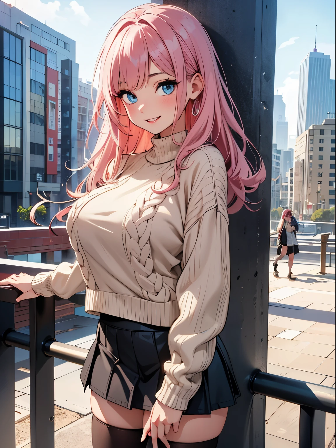 best quality, 1girl, masterpiece, best quality, 8k, detailed skin texture, ((beautiful detailed face)), intricate details, pink hair, parted bangs, (cowboy shot), detailed blue eyes, (happy face), 18 years old, neat girl, (low-cut V-opening sweater, black miniskirt), (huge breasts), cityscape