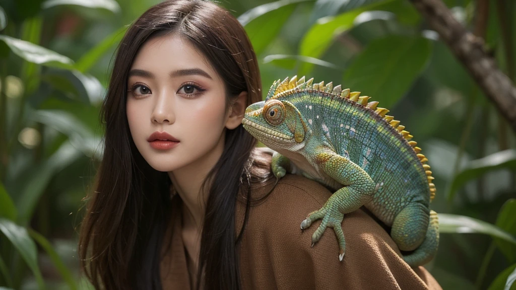 A girl with chameleon-style makeup posing gracefully、It blends in perfectly with the rich texture of Borneo&#39;s lush jungle.。, Demonstrate her uncanny ability to adapt to her surroundings. image, Resembles a museum-quality masterpiece, Vibrant colors and intricate details come to life. Every detail is carefully crafted, From the girl&#39;s enchanting chameleon-like skin, Perfectly blended with a variety of foliage, Her slender, Agile limbs, Relax on a tree branch々It is stuck at(Little chameleon)
