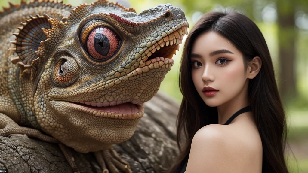 A girl with chameleon-style makeup posing gracefully、It blends in perfectly with the rich texture of Borneo's lush jungle.。, Demonstrate her uncanny ability to adapt to her surroundings. image, Resembles a museum-quality masterpiece, Vibrant colors and intricate details come to life. Every detail is carefully crafted, From the girl's enchanting chameleon-like skin, Perfectly blended with a variety of foliage, Her slender, Agile limbs, Relax on a tree branch々It is stuck at(Little chameleon)