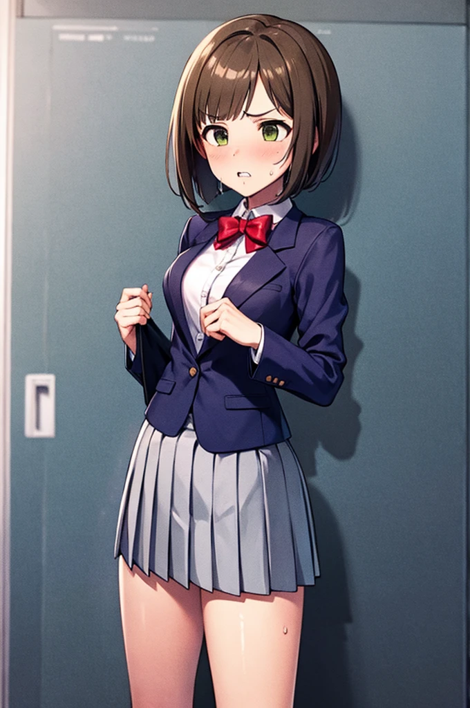 masterpiece, Highest quality, High resolution, MyMiku, short hair, teeth, , Red Bow, Collared shirt, Blue jacket, blazer, Long sleeve, Pleated skirt, Grey Skirt, Black knee socks, Cowboy Shot, anger, Are standing, locker room,Shirt open,Skirt flip,Panties in full view,Sweat,,semen