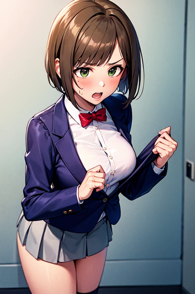 masterpiece, Highest quality, High resolution, MyMiku, short hair, teeth, , Red Bow, Collared shirt, Blue jacket, blazer, Long sleeve, Pleated skirt, Grey Skirt, Black knee socks, Cowboy Shot, anger, Are standing, locker room,Shirt open,Skirt flip,Panties in full view,Sweat,,semen